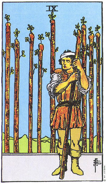 9 of Wands Upright - Card images are © Copyright U.S. Games Systems, Inc.”