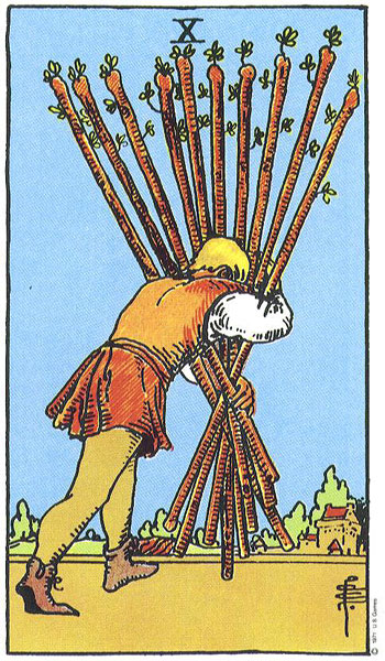 10 of Wands Upright - Card images are © Copyright U.S. Games Systems, Inc.”